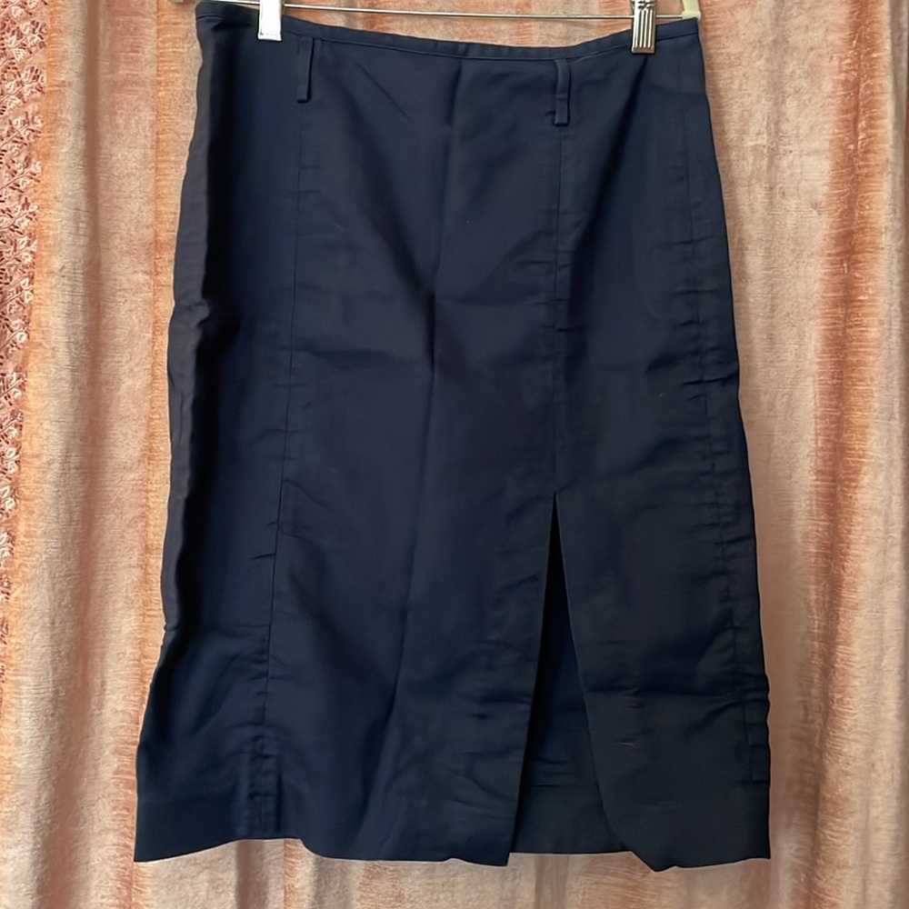 J Crew linen navy long pencil skirt with slit, size 12